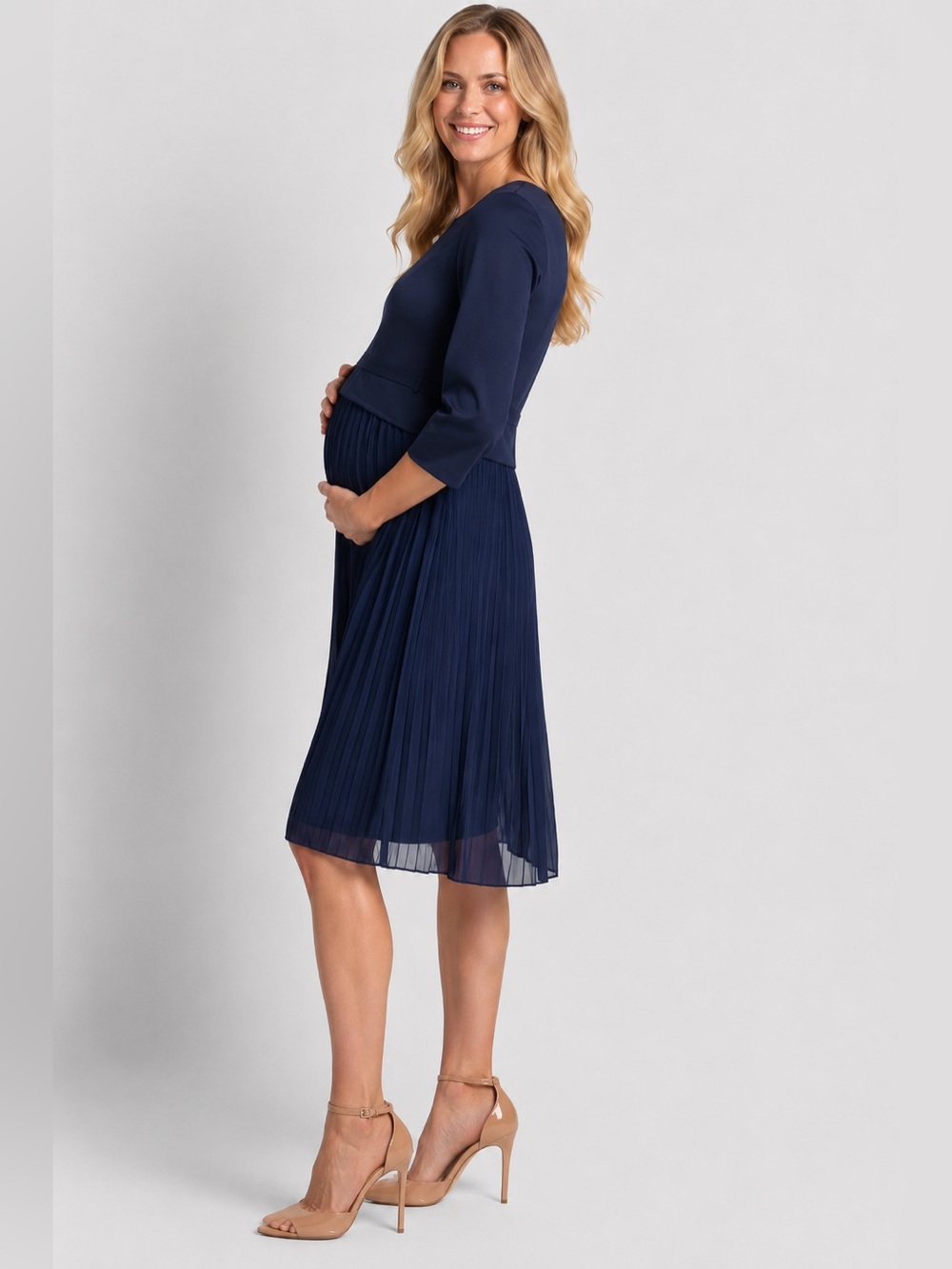 LUXE Seraphine Sophia Maternity Nursing Dress 10 Navy Pleated Midi Formal Party